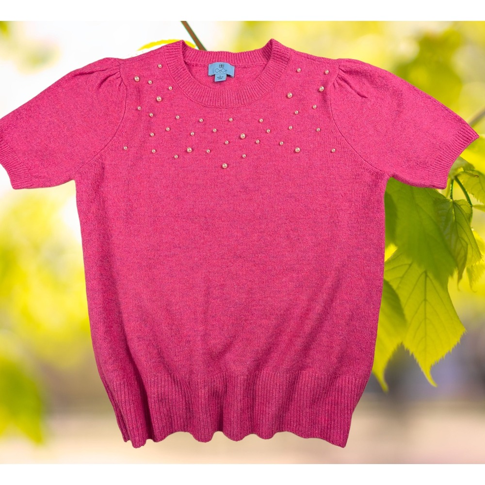 CeCe Women Sz L Pink Pearl Embellished Short Puff Sleeve Knit Sweater